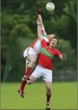  ??  ?? Kiltegan’s Dan Kearney and Rathnew’s Dale Franey compete for a high ball in the JBFC.