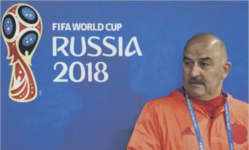  ??  ?? 0 Stanislav Cherchesov, the head coach of Russia, faces the media ahead of today’s World Cup opener against Saudi Arabia in Moscow.