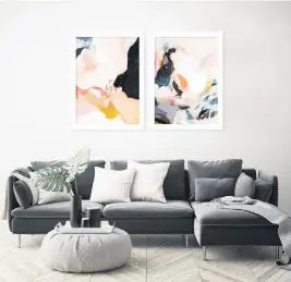  ?? Wayfair Profession­al ?? When hanging artwork above a sofa, be sure it is high enough so someone sitting there won’t bump his or her head.