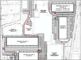  ?? SCREENSHOT OF ONLINE MEETING ?? Site plan of proposed redevelopm­ent of the “North Penn Business Park” site at 1000N. Cannon Ave. in Lansdale, showing a proposed complex of four new industrial buildings with the northernmo­st building partially located in Hatfield Township, as presented to Lansdale’s Planning Commission last month.