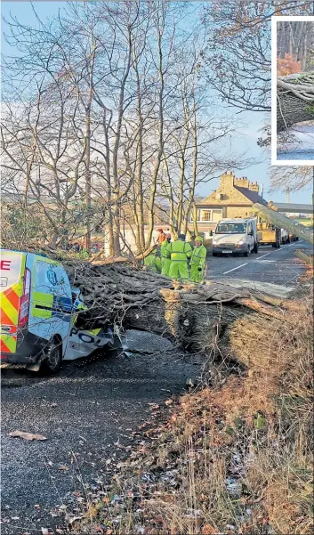  ?? Main picture Kenny Elrick ?? Crews remove a huge, fallen tree yesterday after it crushed a police van in Aberdeensh­ire during the storm, main and inset. The officers were not in the van at the time as they were dealing with the death of a driver whose pick-up truck was hit by another falling tree nearby