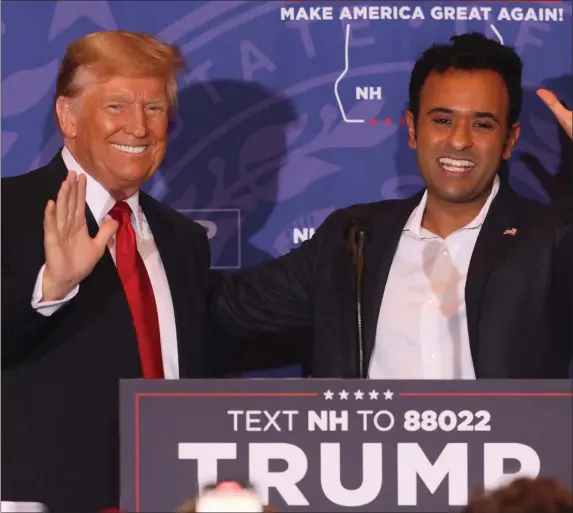  ?? NANCY LANE — BOSTON HERALD ?? Vivek Ramaswamy endorses Republican candidate for President Donald Trump during an event at the Atkinson, N.H., Country Club Tuesday night.