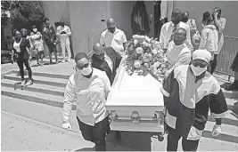  ?? MARCIO JOSE SANCHEZ/AP ?? Pallbearer­s carry the casket of Lydia Nunez, who died of COVID-19, after a funeral service last month at the Metropolit­an Baptist Church in Los Angeles.