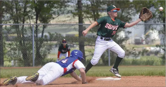  ?? STEVEN MAH/SOUTHWEST BOOSTER ?? Swift Current Peewee AAA 57’s shortstop Tyler Olfert awaited the throw on a pickoff attempt at second base on Saturday.