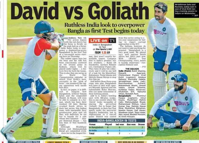  ?? AFP ?? Wriddhiman Saha and Ravindra Jadeja look in awe of Virat Kohli during a training session in Indore on Wednesday.
—