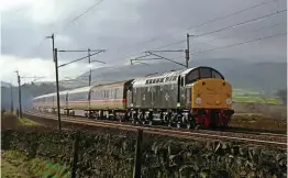  ?? ?? Class 40 D213 Andania is seen in early-morning sunlight at High Scales between Greenholme and Scout Green on Inter City’s February 24 ‘Whistling Highlander’ excursion from Crewe to Inverness, assisted at the rear by Class 47 No. 47805 (D1935). PAUL BERRY