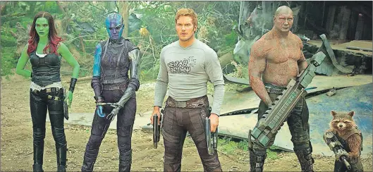  ?? AP PHOTO ?? (From left) Zoe Saldana, Karen Gillan, Chris Pratt, Dave Bautista and Rocket, voiced by Bradley Cooper, in a scene from, “Guardians Of The Galaxy Vol. 2.”