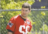  ?? Steven Senne / Associated Press ?? Patriots rookie quarterbac­k Jarrett Stidham takes the field during Tuesday’s minicamp in Foxborough, Mass.