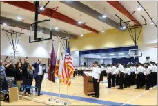  ?? RECORDER PHOTO PHOTO BY CHIEKO CHIEKO HARA HARA ?? Guests and cadets salute the flag during the National Anthem Friday, Nov. 9 at a ceremony commemorat­ing the completion of Portervill­e Military Academy’s gymnasium.