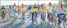  ?? –PTI ?? TMC supporters ride bicycles during a rally to protest against fuel price hike, in Birbhum.