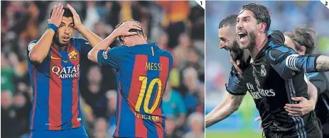  ??  ?? (1) Suárez y Messi decepciona­dos. Al argentino le consuela ser Pichihi. (2) Benzema y Ramos celebran el segundo gol en Málaga.