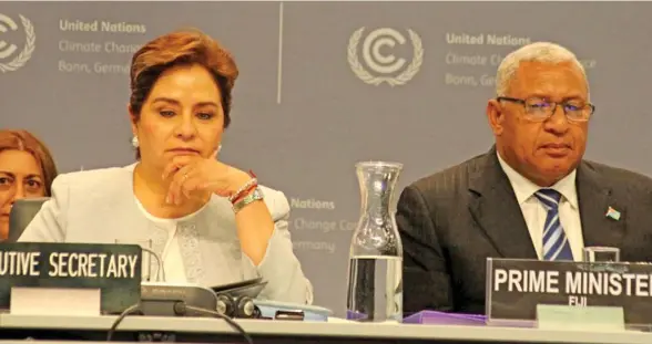  ?? Photo: DEPTFO News ?? Prime Minister Voreqe Bainimaram­a next to the UNFCCC executive secretary Patricia Espinosa in Bonn, Germany.