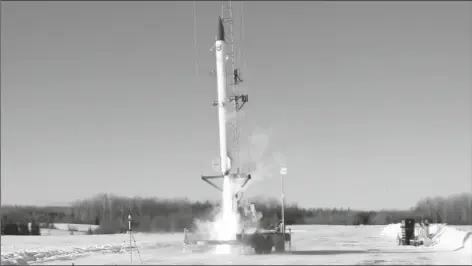  ?? BLUSHIFT AEROSPACE VIA AP ?? THIS SUNDAY IMAGE PROVIDED BY BLUSHIFT AEROSPACE shows The Knack Factory in Limestone, Maine, where an unmanned rocket lifts off in a test run. It was the first commercial rocket launch in Maine history.