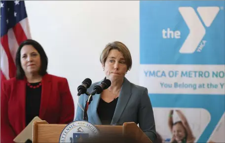  ?? NANCY LANE — BOSTON HERALD ?? Gov. Maura Healey, with Lt. Governor Kim Driscoll, announces a proposed tax relief package during a press conference at the Demakes Family YMCA Monday in Lynn.