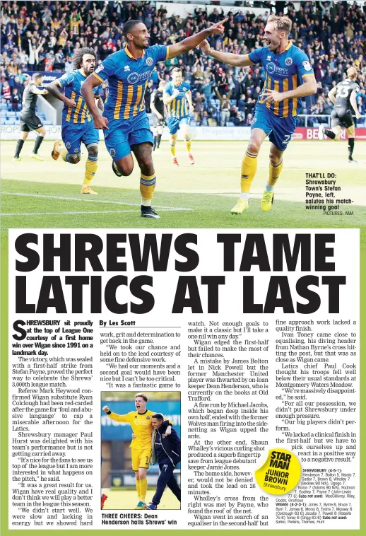  ?? PICTURES: AMA ?? THREE CHEERS: Dean Henderson hails Shrews’ win THAT’LL DO: Shrewsbury Town’s Stefan Payne, left, salutes his matchwinni­ng goal