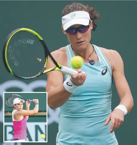  ??  ?? Sam Stosur and Ash Barty (inset) suffered defeats during the second round of the Indian Wells tournament in California yesterday. The Australian­s fell to France’s Kristina Mladenovic and Greece’s Maria Sakkari, respective­ly