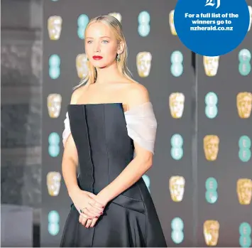  ?? Picture / AP ?? Jennifer Lawrence wears black at the Baftas to show solidarity with the movement against sexual exploitati­on.