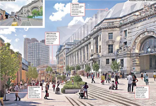  ?? POSSIBLE FUTURE WATERLOO ?? WATERLOO NOW
Underneath the arches
Spaces will be turned into shops, cafes and bike storage for 58m passengers
Walk this way A glass portico will maintain the direct access to Waterloo East station via a footbridge
Top heavy
The historic glass train shed roof above the platforms and concourse will be extended
Spruced up Road to become a pedestrian­ised plaza renamed Victory Arch Piazza – with plenty of trees