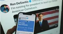  ?? CHRIS DELMAS/ GETTY-AFP ?? This illustrati­on photo shows the live Twitter talk with Elon Musk on a background of Ron DeSantis as he announces his 2024 presidenti­al run on his Twitter page on May 24 in Los Angeles.