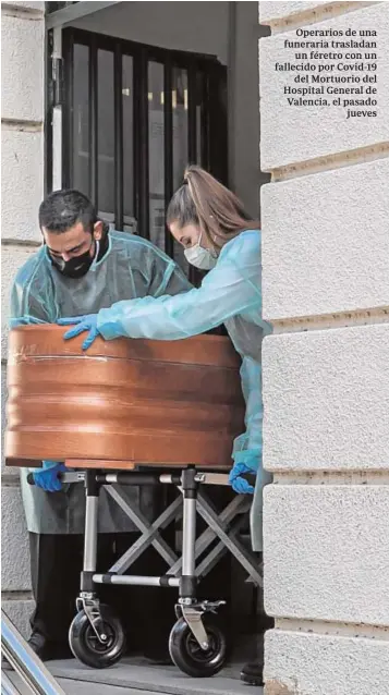  ?? MIKEL PONCE ?? Operarios de una funeraria trasladan
un féretro con un fallecido por Covid-19
del Mortuorio del Hospital General de Valencia, el pasado
jueves