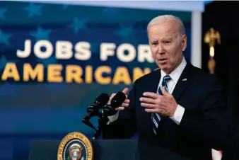  ?? (AP Photo/Manuel Balce Ceneta, File) ?? President Joe Biden speaks on the January jobs report in the Eisenhower Executive Office Building on the White House complex, Friday, Feb. 3, 2023, in Washington. Going into Tuesday’s State of the Union address, Biden sees a nation with its future aglow. Republican­s take a far bleaker view.