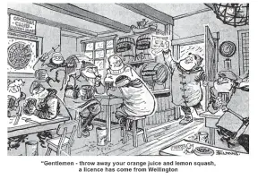  ?? ?? A 1976 cartoon by Malcolm Evans after the eventual granting of a liquor licence to the Owenga Club, which captured the islanders’ distrust of Wellington-based regulation.