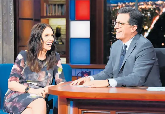  ??  ?? Prime Minister Jacinda Ardern and The Late Show host Stephen Colbert connect on screen in September 2018.