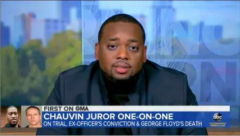  ?? ABC News/Good Morning America via AP ?? In this image from video provided by ABC News/Good Morning America, Brandon Mitchell, a juror who cast one of the unanimous votes to convict a white former Minneapoli­s police officer of killing George Floyd shared his experience­s of being on the jury during the trial and deliberati­ons on Wednesday.