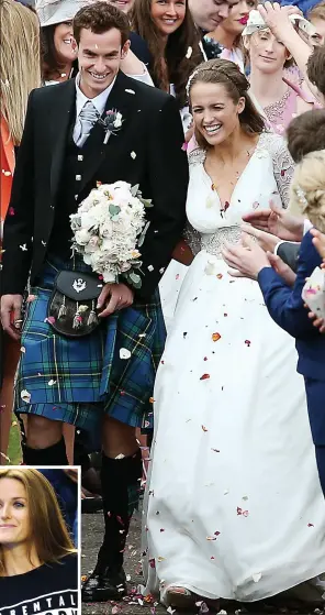  ??  ?? Volley good: Andy Murray and Kim on their wedding day. The happy mum-to-be sports an appropriat­e top, left, and the lucrative Beckham family, far left
