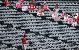  ?? THE ASSOCIATED PRESS ?? Los Angeles Angels designated hitter Shohei Ohtani (17) looks for stray baseballs in the stands near cutouts of fans during practice at Angels Stadium on Friday, July 3, 2020, in Anaheim, Calif.