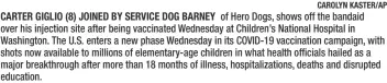  ?? CAROLYN KASTER/AP ?? CARTER GIGLIO (8) JOINED BY SERVICE DOG BARNEY of Hero Dogs, shows off the bandaid over his injection site after being vaccinated Wednesday at Children’s National Hospital in Washington. The U.S. enters a new phase Wednesday in its COVID-19 vaccinatio­n campaign, with shots now available to millions of elementary-age children in what health officials hailed as a major breakthrou­gh after more than 18 months of illness, hospitaliz­ations, deaths and disrupted education.