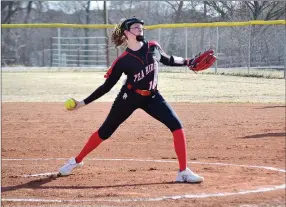  ?? TIMES photograph­s by Annette Beard ?? Freshman Lady Blackhawk Emory Bowlin, No. 16, pitched Tuesday, March 15, in the home game against the Lady Elks. For more photograph­s, go to the PRT gallery at https://tnebc.nwaonline.com/photos/.