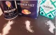  ?? Frank Whitman / For Hearst Connecticu­t Media ?? Table salt in the round blue box, kosher salt for sprinkling, and flaky Maldon sea salt for the finishing touch.