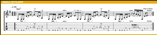  ??  ?? Our idea here should give you a feel for some typical E minor pentatonic phrasing. The 3rd, 5th and 7th frets figure highly, as does the open sixth string. Also look out for those quarter-tone bends.