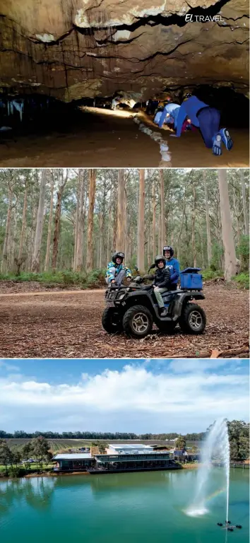  ??  ?? Left: Cullen Wines offers
kid-friendly fine dining From top right: Crawling along the ancient river bed
of Ngilgi Cave; Electric quad biking in the Boranup
Karri Forest; Caves Road Collective and its
spectacula­r fountain