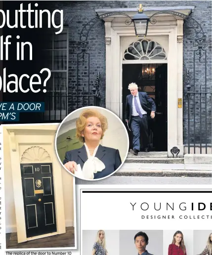  ??  ?? The replica of the door to Number 10 Downing Street, which is among items for sale at Tutbury Castle on Sunday. Inset, Lesley Smith, who used it when she gave talks as Margaret Thatcher