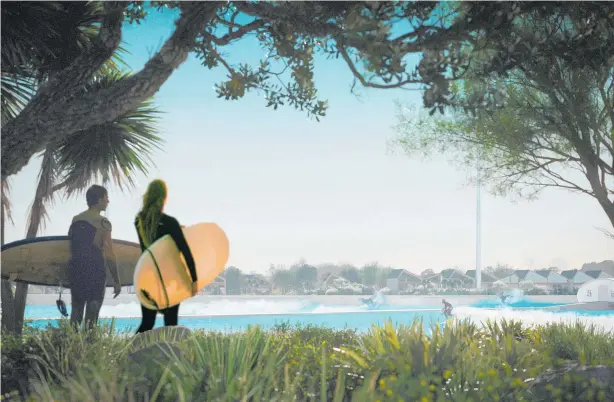  ?? ?? An artist’s image shows how the proposed surf park may fit into the Dairy Flat landscape.