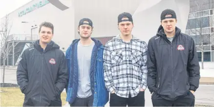  ?? KEVIN ADSHADE/THE NEWS ?? These Pictou County natives will all see junior A playoff hockey for the first time when they take on the Amherst Ramblers in the first round of the Maritime Junior Hockey League post-season. From left are Jaden Mason, Jake Martin, Andrew MacLeod and Kevin Mason.