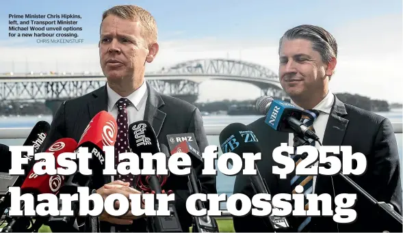  ?? CHRIS McKEEN/STUFF ?? Prime Minister Chris Hipkins, left, and Transport Minister Michael Wood unveil options for a new harbour crossing.