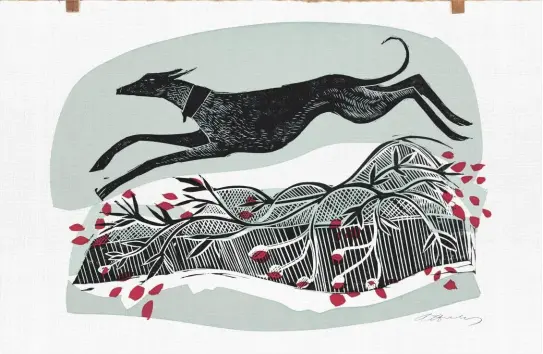  ??  ?? Angela Harding’s tea towels, such as Stopping by the Wood (facing page) and Flat Winter Whippet (above) are created using linocut and silk-screen processes