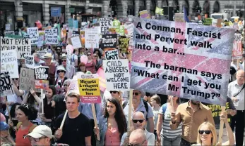  ??  ?? ‘DUMP TRUMP’: Tens of thousands of people took part yesterday in a Stop Trump Coalition, Stop the War Protest against US President Donald Trump’s working visit to the UK.