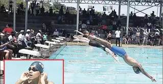  ?? (Pics: Pholsile Hlophe) ?? Swimmers dive into the pool during the Eswatini Age Group Gala 1, held at Enjabulwin­i School in Manzini yesterday. (INSET) Damien De Sousa gestures after finishing first in heat five of five.