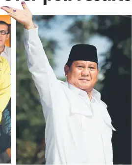  ??  ?? Widodo (centre), Amin (right) and other coalition party leaders hold a press conference after the country’s general election in Jakarta. — AFP photo Subianto waves after voting at a polling booth during elections in Bogor, Indonesia. — Reuters photo