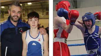  ??  ?? Richard Hore and Jack Dempsey of Wexford C.B.S. Boxing Club. Jake Buckley (Rosslare, in red) taking on Daniel Stokes (Olympic, Mullingar).