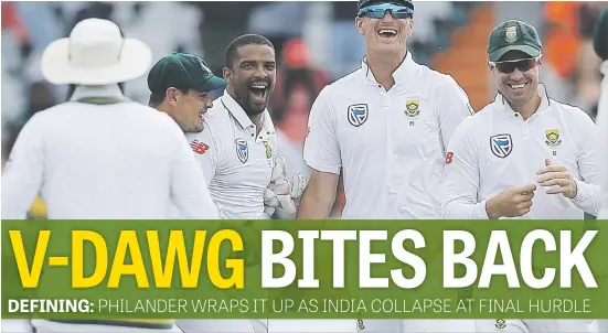  ?? Picture: AFP ?? TOP DOG. Proteas bowler Vernon Philander, third from left, celebrates dismissing India batsman Jasprit Bumrah and winning the match by 72 runs during day four of the First Test between South Africa and India at Newlands in Cape Town yesterday.
