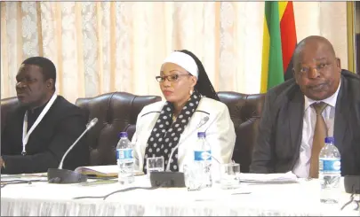  ?? (Picture by Justin Mutenda) ?? Zimbabwe Electoral Commission chairwoman Justice Priscilla Chigumba is flanked by her deputy Mr Emmanuel Magade (right) and Acting Chief Elections Officer Mr Utoile Silaigwana during a meeting with election observers in Harare yesterday.