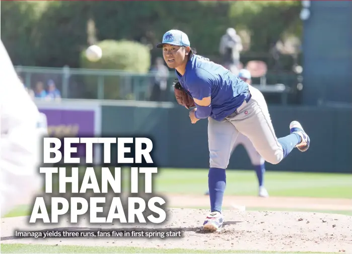  ?? JOHN ANTONOFF/SUN-TIMES ?? Left-hander Shota Imanaga delivers a pitch in his spring-training debut Saturday against the Dodgers. The Cubs signed him to a four-year, $53 million contract during the offseason.