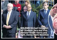  ??  ?? SOLEMN Michael Gallagher, MP Shaliesh Vara and Irish minister Simon Harris and, right, Donna Marie Mcgillion