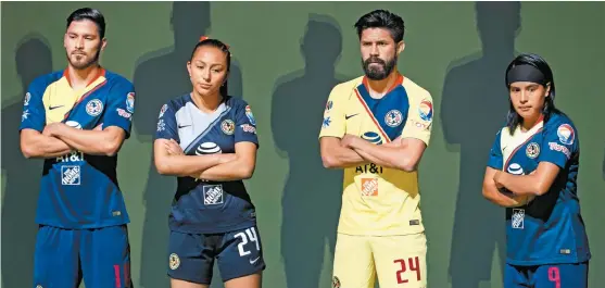  ?? FOTOS: IVÁN LÓPEZ ?? Bruno Valdez, Jaidy Gutiérrez, Oribe Peralta y Lucero Cuevas, con el nuevo uniforme de las Águilas