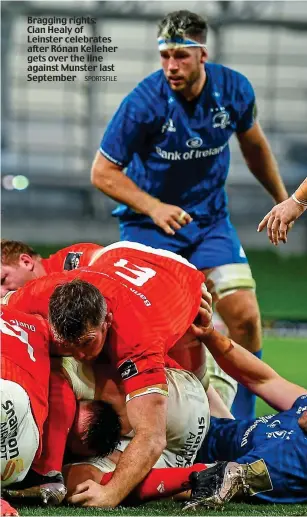  ?? SPORTSFILE ?? Bragging rights: Cian Healy of Leinster celebrates after Rónan Kelleher gets over the line against Munster last September